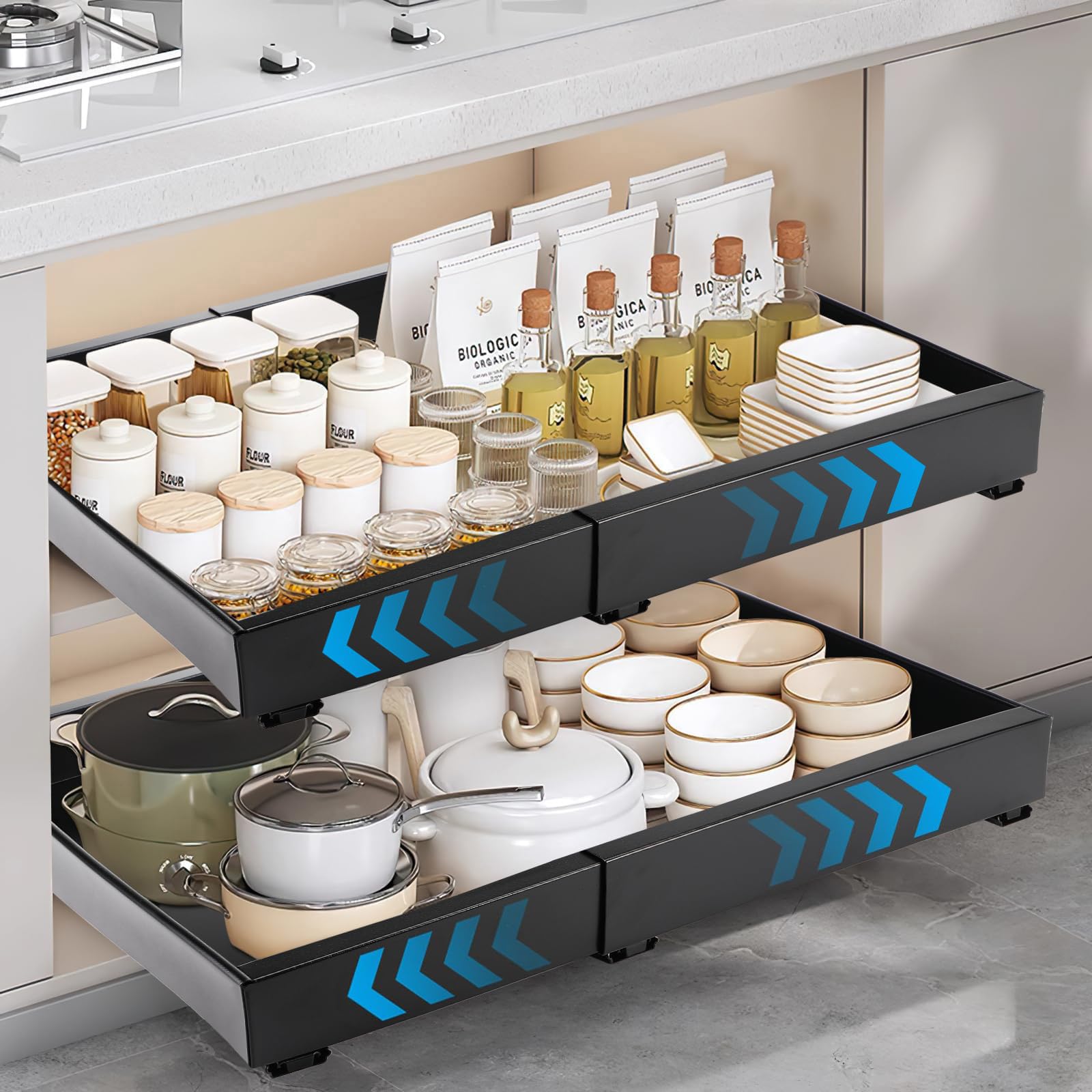 Rangement coulissant placard cuisine noir extensible tiroir télescopique