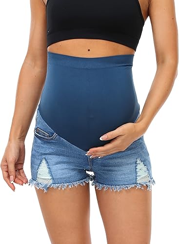 Miniatura 4 de HOFISH Pantalones cortos elásticos de maternidad para mujer, sobre el vientre, cómodos, pantalones cortos de mezclilla, pantalones cortos casuales