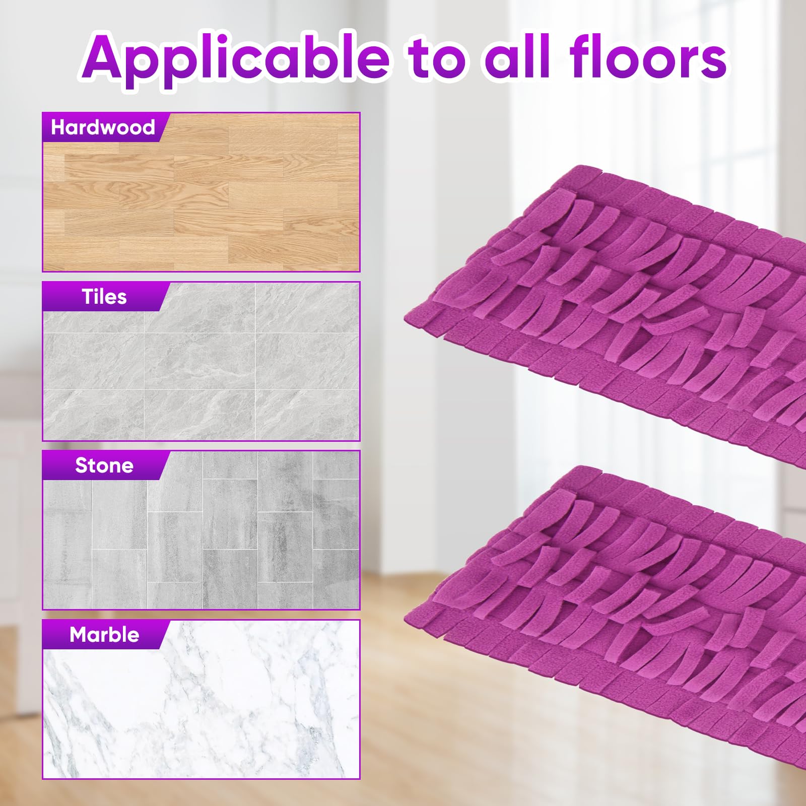 Lot de 8 recharges pour balai à franges Swiiffer Power Mop Multi-Surface Wood Mop - Lavables et réutilisables - En microfibre - Pour tous les sols - 2 jaunes + 2 violets + 2 bleus + 2 gris