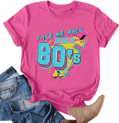 Miniatura 4 de Camiseta de los años 80 para mujer, camiseta con texto en inglés "Take Me Back to The 80", camiseta vintage con gráficos, camisetas casuales retro