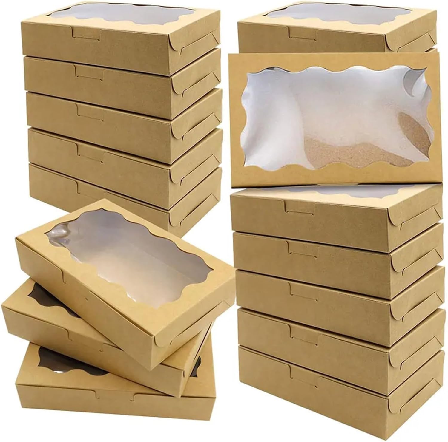 Cupcake Boxes 35 Cake Carriers, Rectangular Boxes with Lid & Window (White, Brown) - For Pies, Doughnuts, Muffins, Weddings, Parties(Brown)