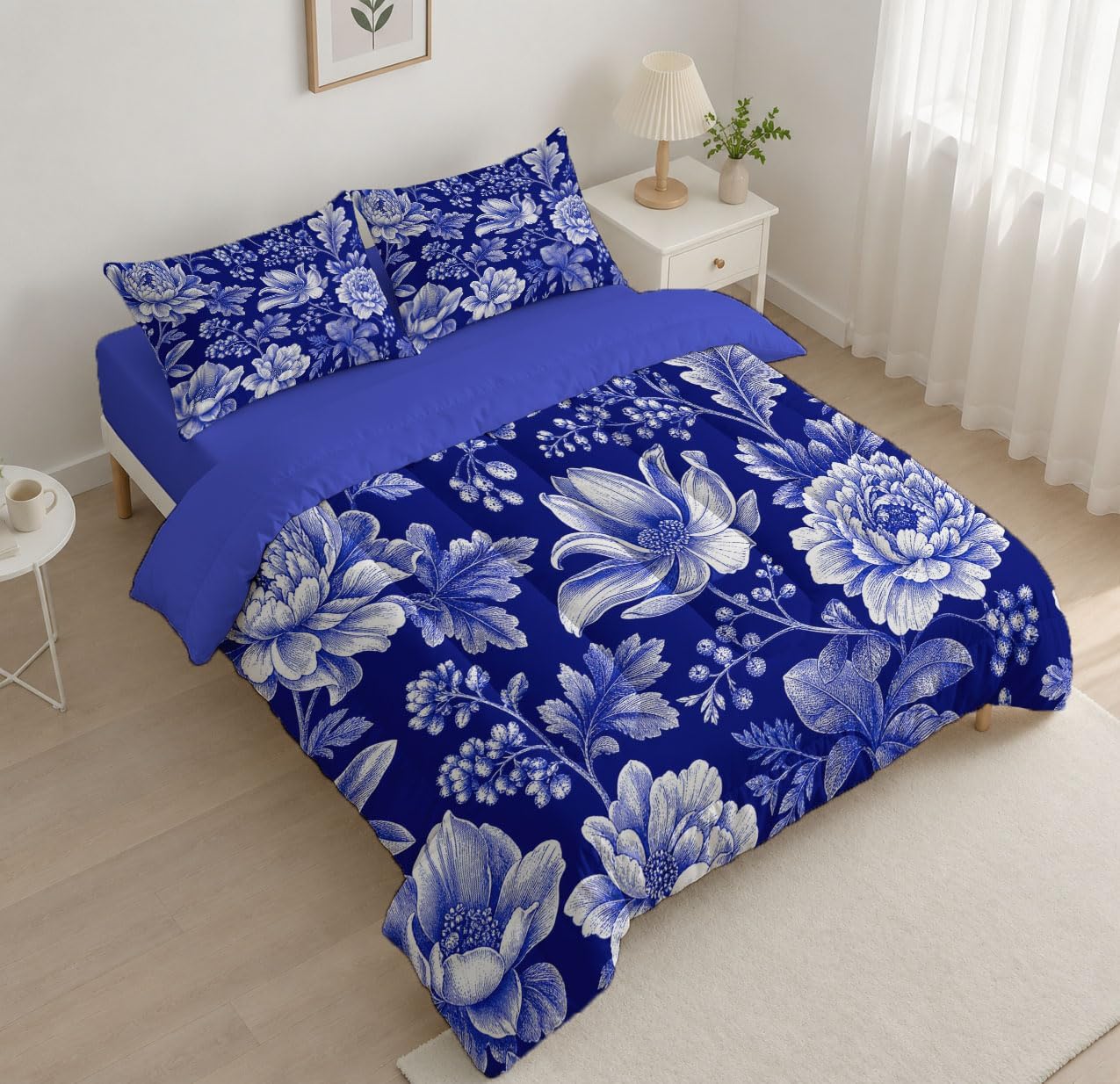 Traditional Luxury Quilt Set King 3 Pieces, Dark Blue Quilts Bedding Set Peony Flowers Bedspread Bed Cover Lightweight Spring Summer Beds Coverlet for All Season - 104"X90"