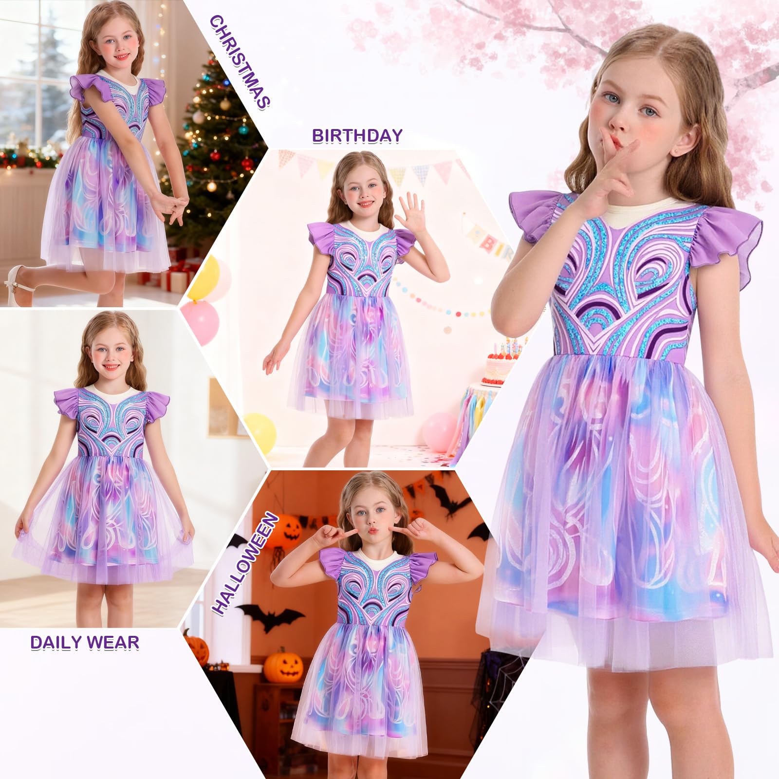 Marendyee Good Witch Costume Kids Princess World Book Day Costumes for Girls Flutter Sleeve Witches Dress up Toddler Girl Fairy Christmas Fancy Party Outfit Mesh Dresses 2-3 Years - Image 4