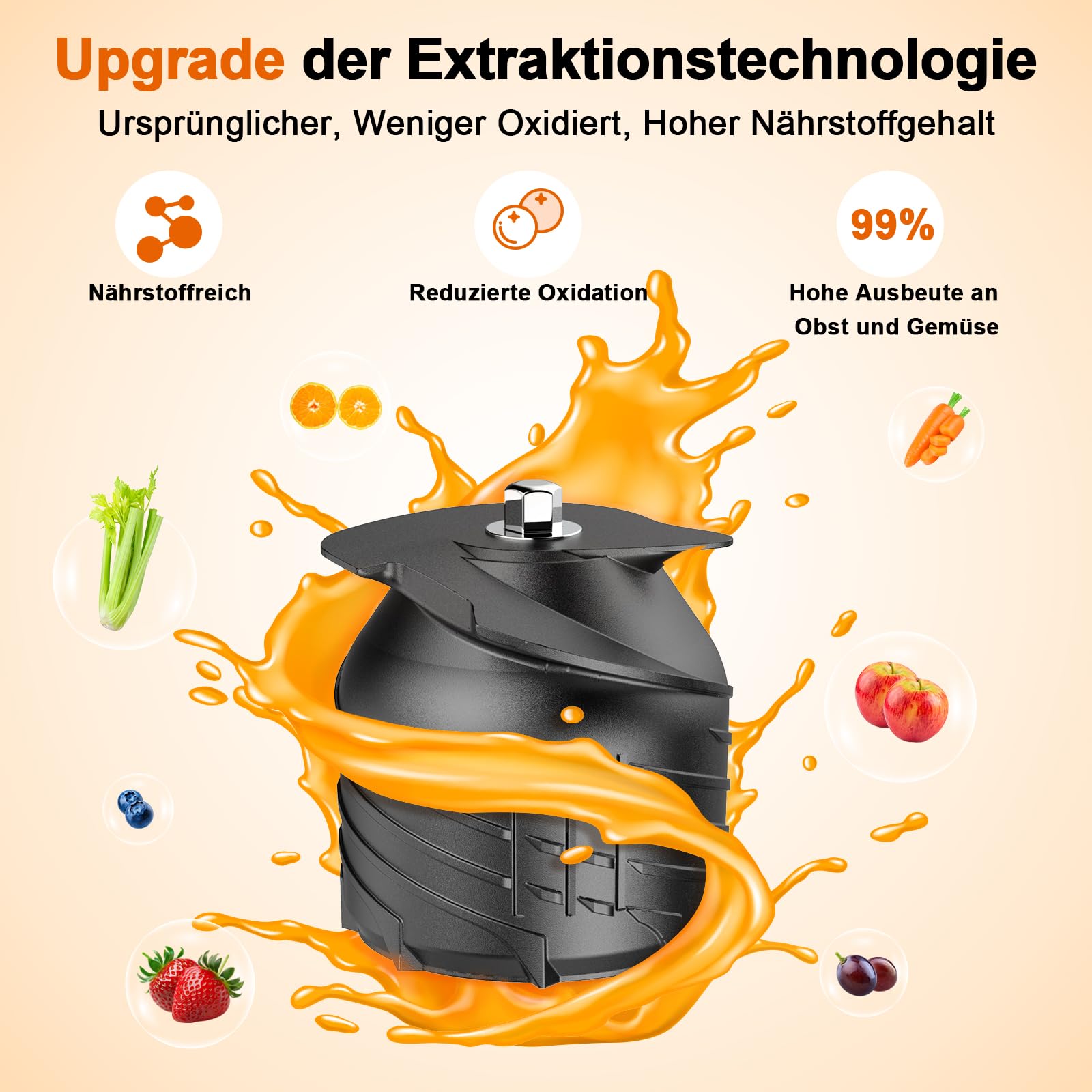 AHJ Entsafter Slow Juicer, 135mm Große Einfüllöffnung,100% BPA-frei, Kaltentsafter für Ganzes Obst & Gemüse, Einfach zu Reinigen,2 Trinkgläser Inklusive, Ideal als Hochzeits- und Geburtstagsgeschenk