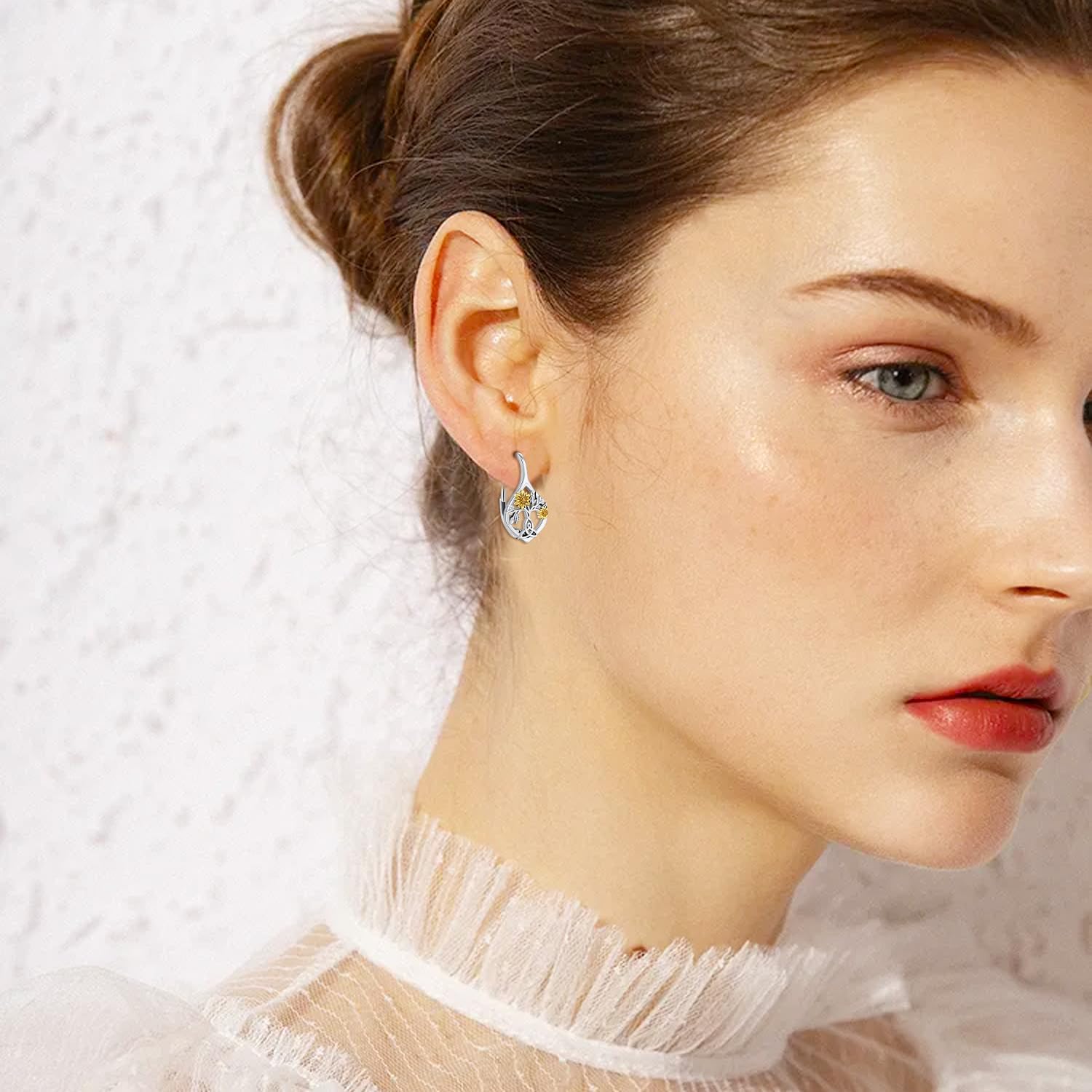 Sunflower Earrings 925 Sterling Silver Sunflower Leverback Earrings Tree of Life Hoop Earrings Jewelry Gifts for Women - Image 3