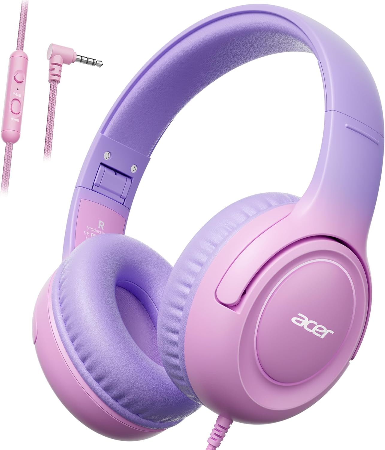 acer Kids Headphones - 85/94dB Volume Limiter, Foldable Wired Over Ear Headphones for Travel, 3.5mm Jack, Toddler Headphones for School, Travel, iPad, Tablet, Purple Pink, HK03