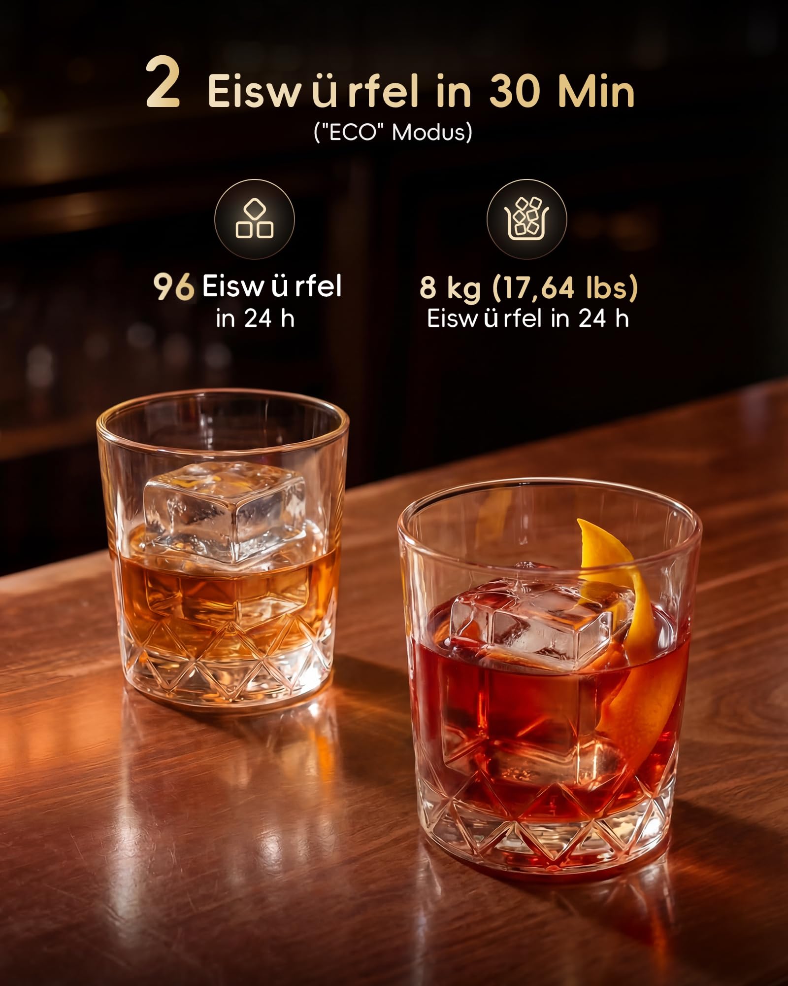 ecozy Macchina per Ghiaccio con Cubi Trasparenti da 50 mm, Ghiaccio Cristallino in 30 Min con Modalità Eco, Timer 24 Ore, Display LED, 96 Cubi al Giorno, Tecnologia CrystalFlux, per Home Bar e Whisky