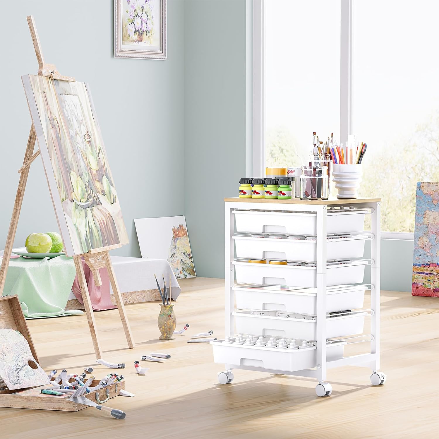 Rolling Storage Utility Cart with 6 Drawers and Wooden Tabletop for Under Desk Storage,White - Image 8