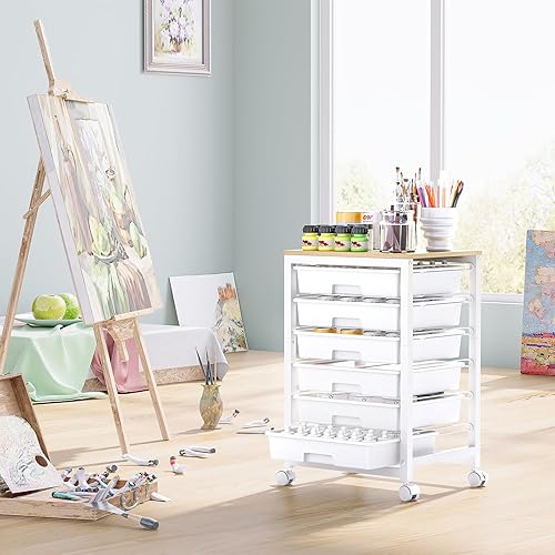 Miniatura 8 de Carrito de almacenamiento con ruedas con 6 cajones y mesa de madera para almacenamiento debajo del escritorio, color blanco