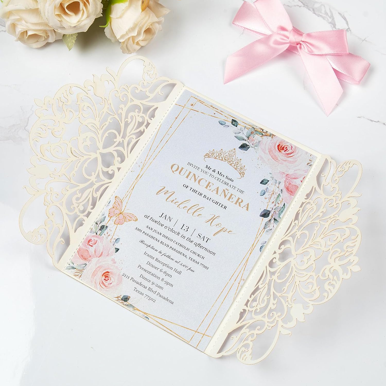 50pcs Glitter Laser Cut Wedding Invitation Pockets Cards Pink Blank Personalized Quinceanera Invitations with Envelopes and Rsvp Cards for Bridal Shower Engagement Birthday Invite