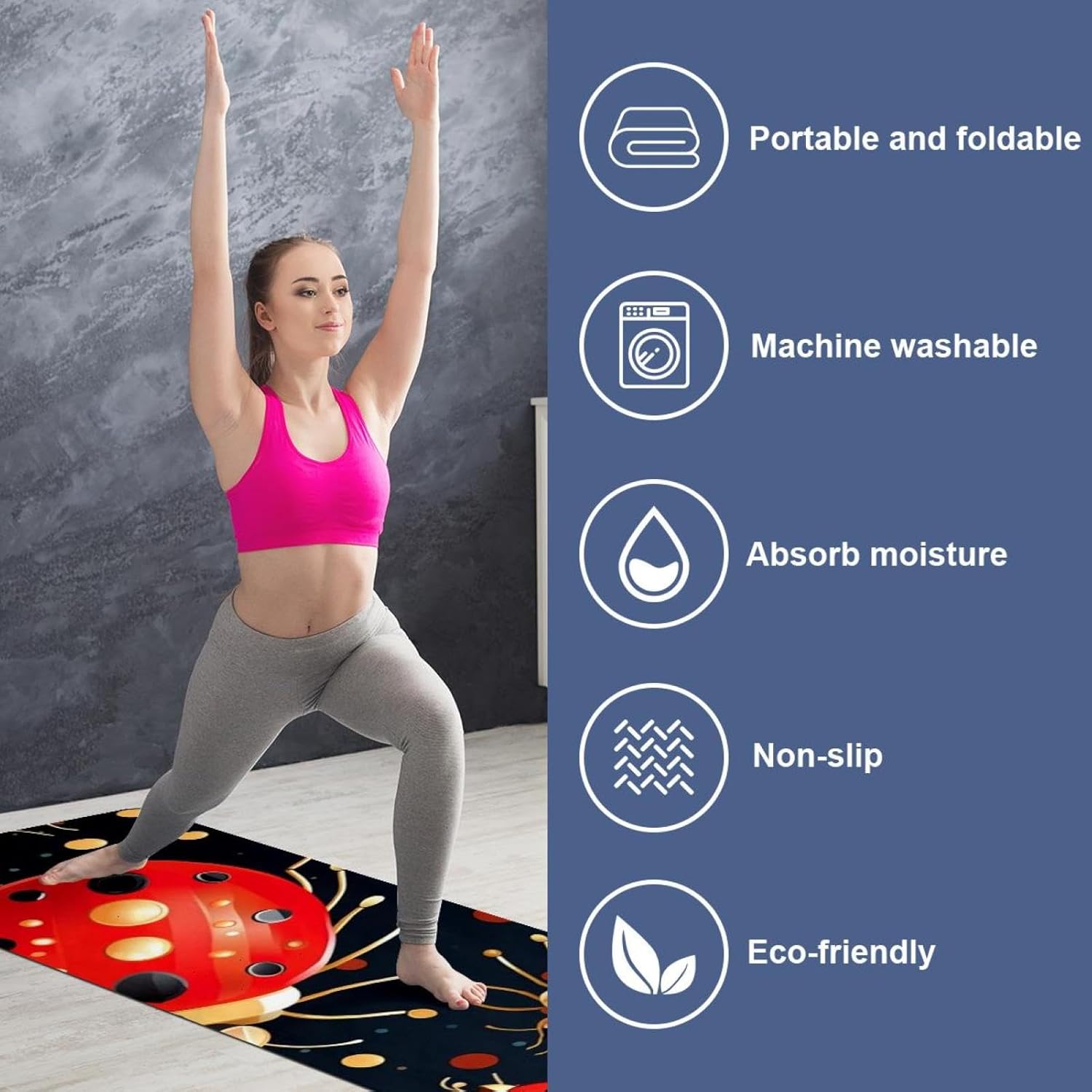 Yoga Towel, Ladybug Pattern Non Slip Sweat Absorbent Hot Yoga Mat Towel for Hot Yoga, Pilates and Fitness - 72.8" x 26.8"