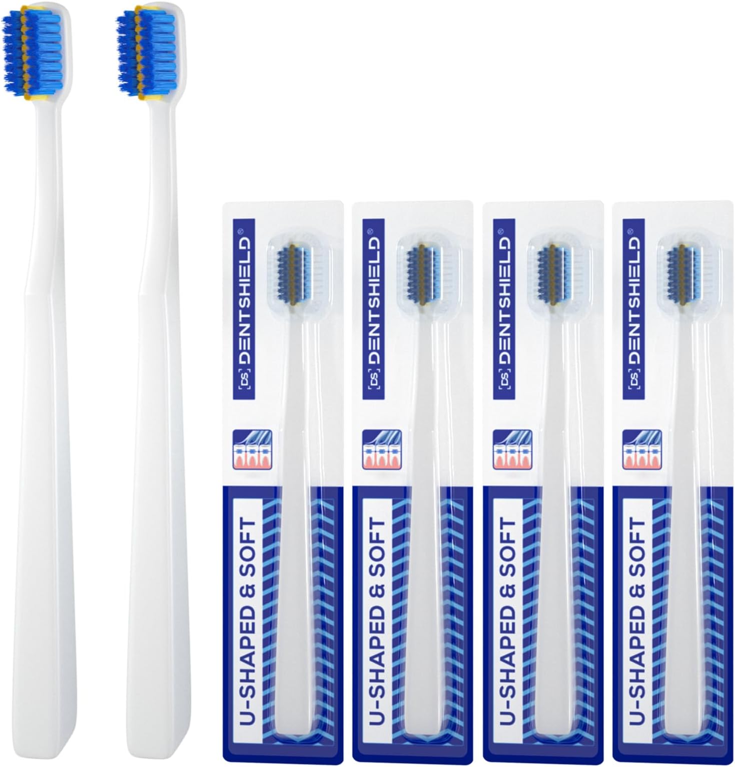 4 Pcs Orthodontic Toothbrush for Braces U-Shaped Soft Bristle with 4 Toothbrush Head Cover（Blue+White (4 Pack)