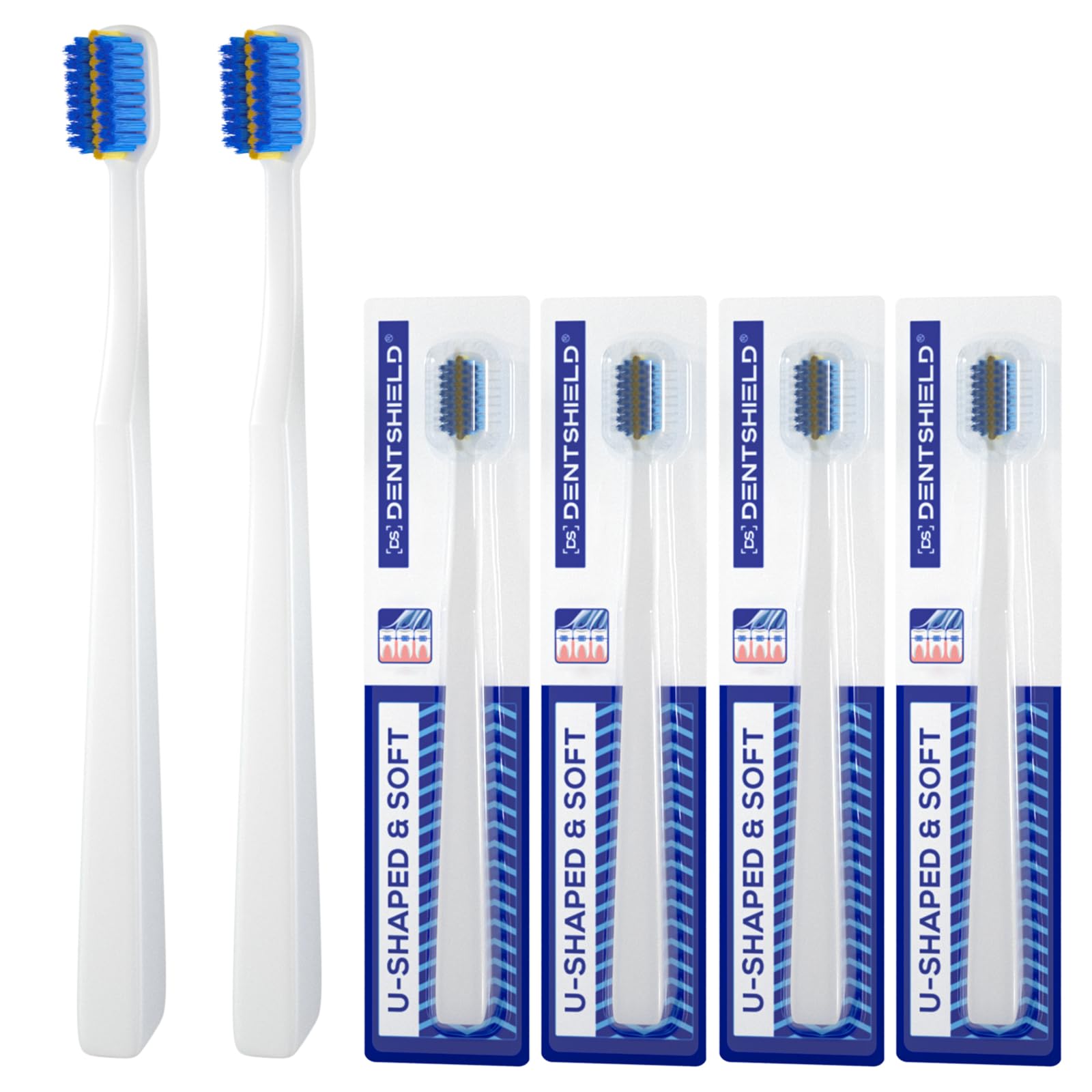 4 Pcs Orthodontic Toothbrush for Braces U-Shaped Soft Bristle with 4 Toothbrush Head Cover（Blue+White (4 Pack)