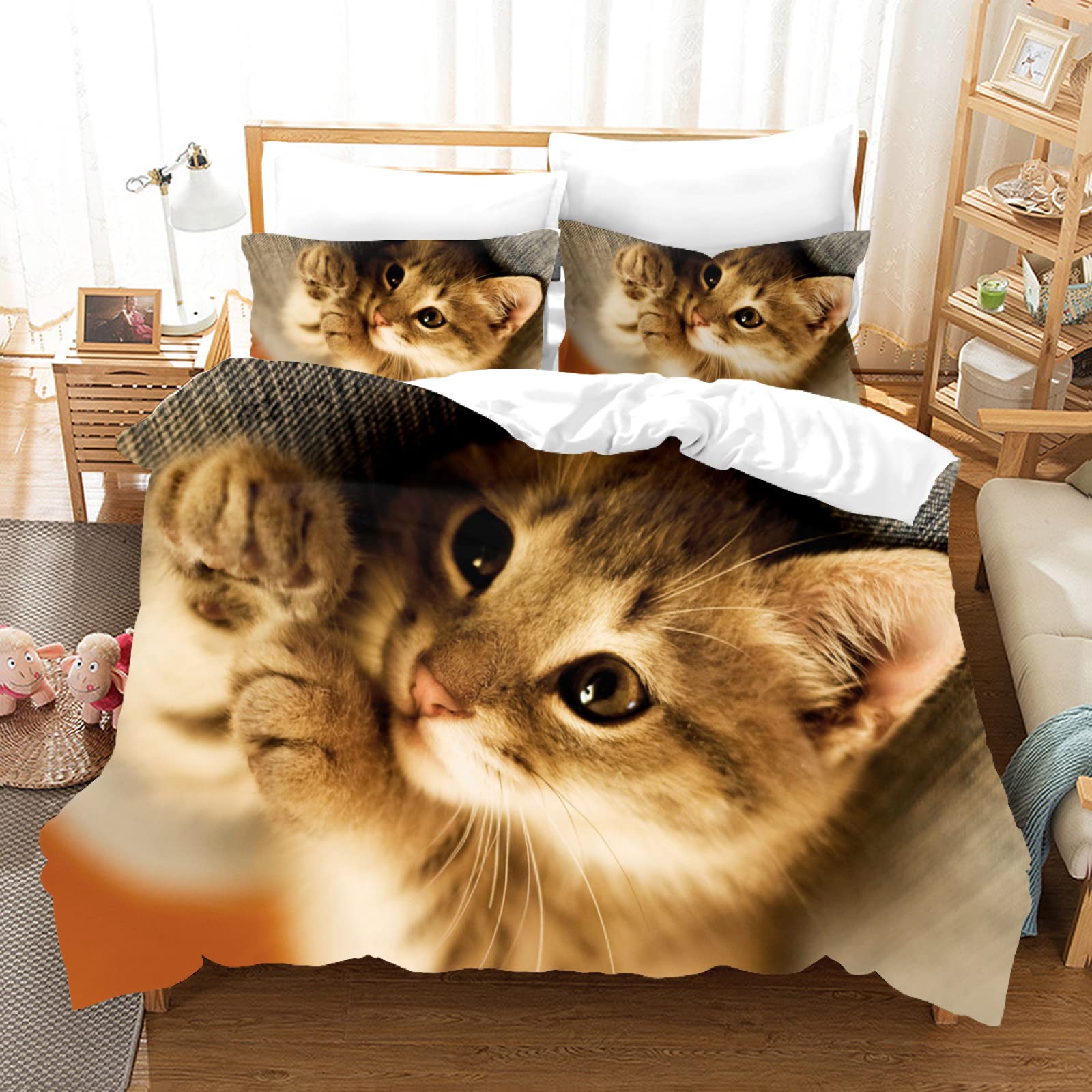 Housse de couette 160x200 chat parure de lit microfibre 110g/m2 avec taies d'oreiller 65x65