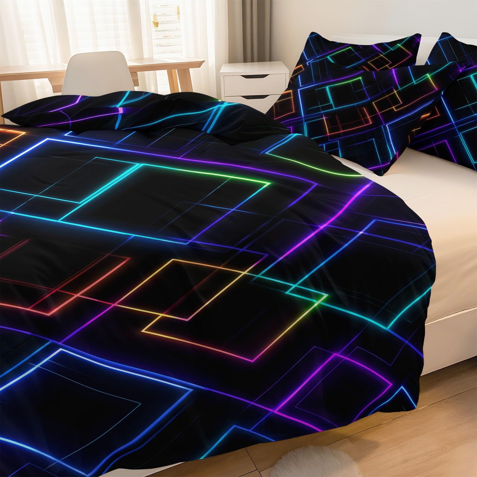 Pościel 200 x 220 cm, czarna, zestaw pościeli, abstrakcyjny geometryczny wzór neonowy, poszewka na kołdrę z mikrofibry, nie wymaga prasowania i miękka – dwustronna pościel i poszewka na