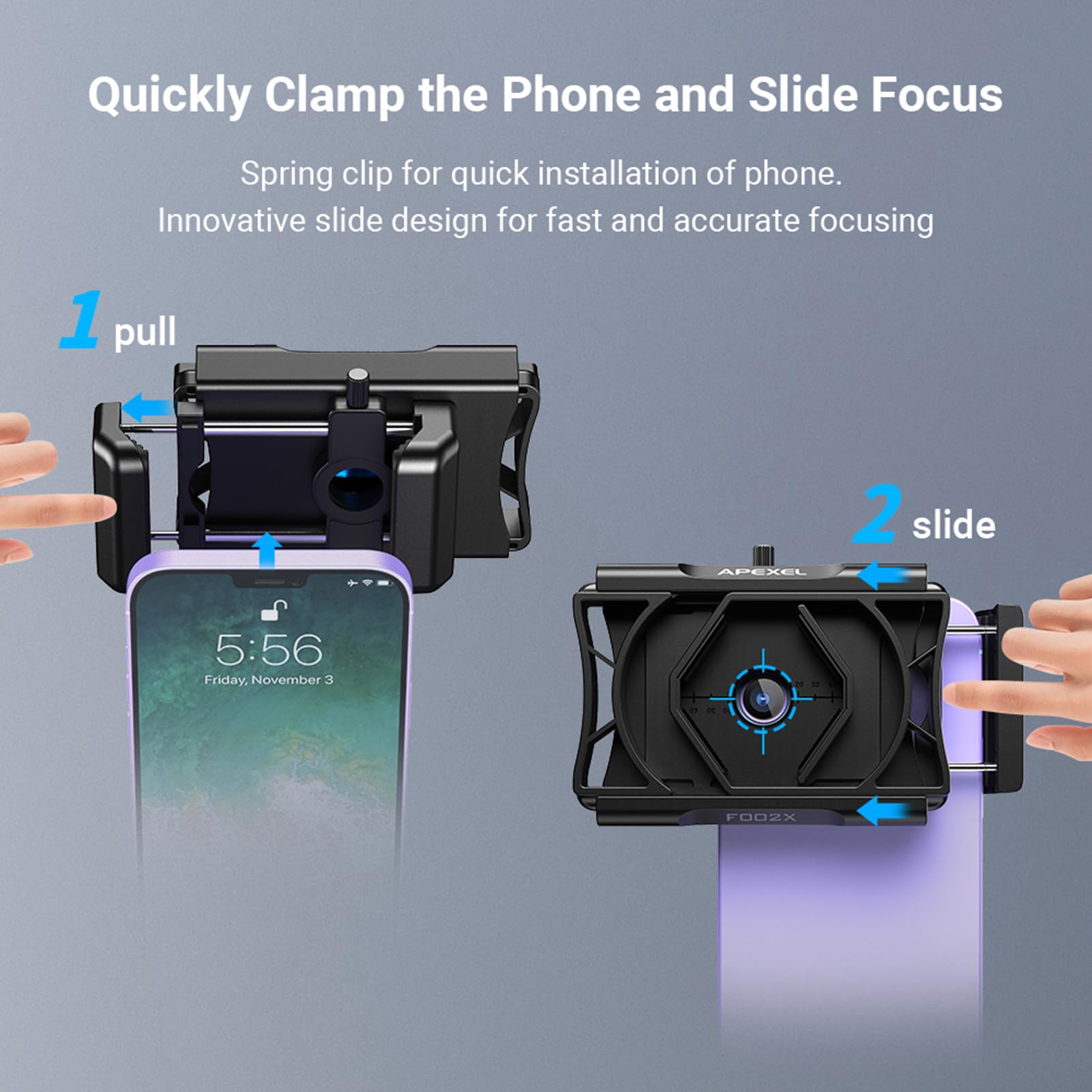 APL-F002X - Adaptador de teléfono para telescopio, soporte giratorio para teléfono para microscopio monocular, adaptador de fotos binoculares, adaptador de Digiscoping para smartphone