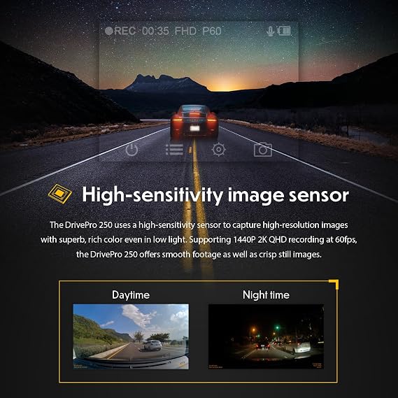 Transcend DrivePro 2K QHD 1440P Dash Cam Front, Support 1TB Max, Car Cam w/140Wide-Angle/Handy Snapshot Button/G-Sensor/Night Vision Loop Recording/Head-Up Display/Wi-Fi GPS GLONASS/ADAS/Parking Mode