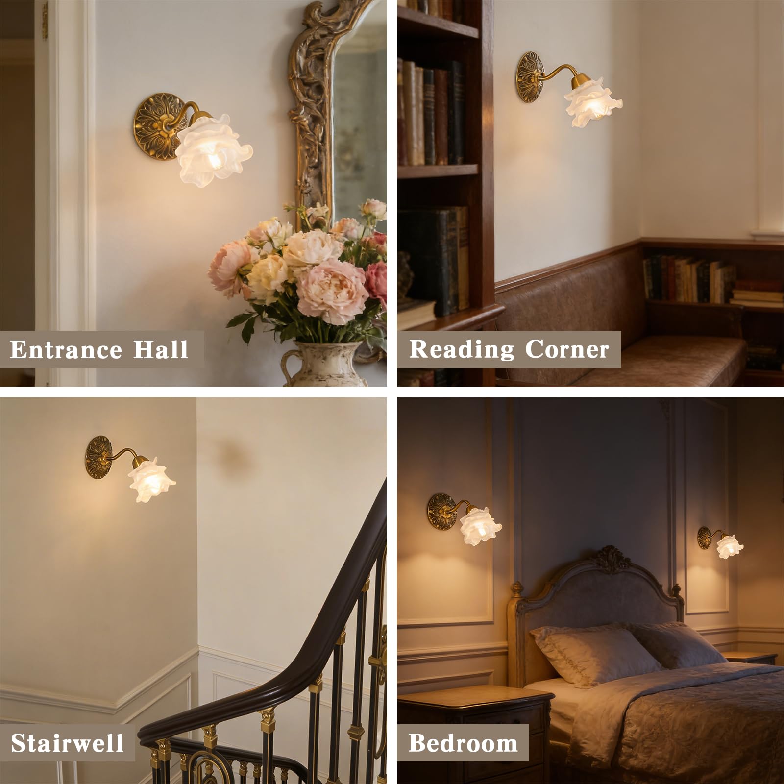 Lampa ścienna w stylu retro, w kształcie kwiatów, w stylu vintage, szklany klosz, E26, w stylu vintage, okablowana, do sypialni, łazienki (żarówki LED w zestawie)