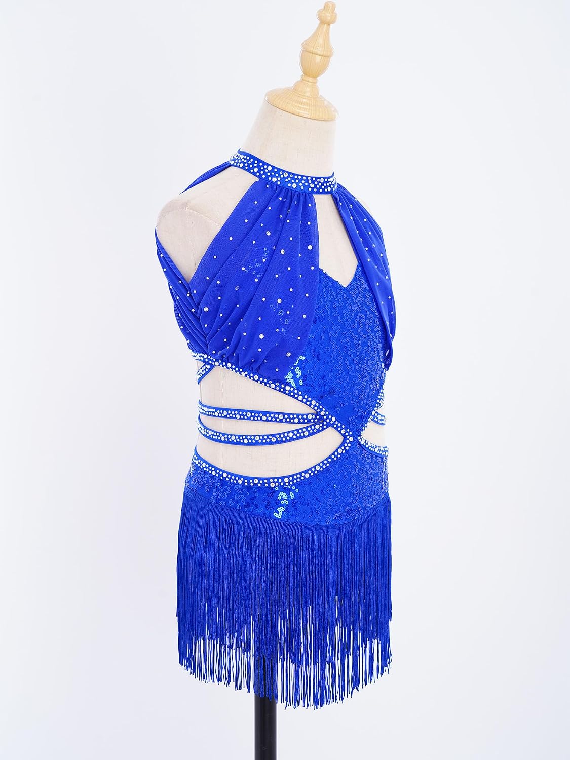Kids Girls Sequin Tassel Latin Dance Dress Rhinestones Halter Fringe Bodysuit Jazz Ballroom Dancewear