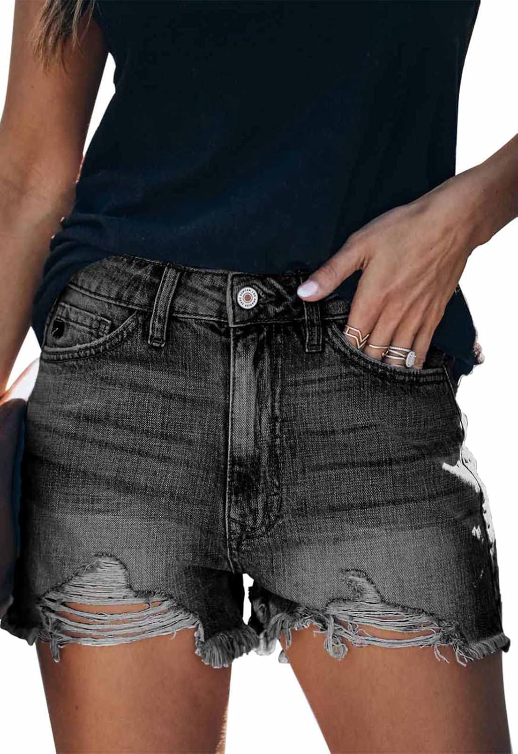 Metietila Women's Casual High Waisted Denim Shorts Frayed Raw Hem Stretch Ripped Jean Shorts