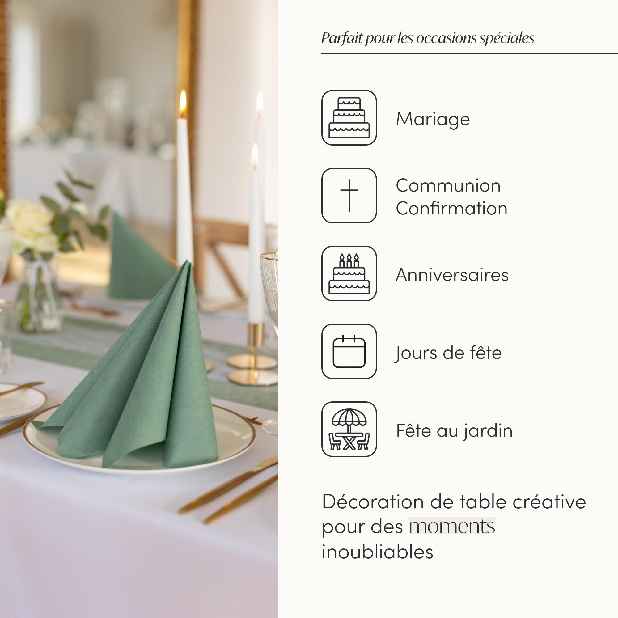 100%Mosel Serviettes en airlaid, 50 Pièces (40 x 40 cm), en Vert Eucalyptus | Aspect tissu – Déco de table premium pour mariage, communion, baptême & anniversaire