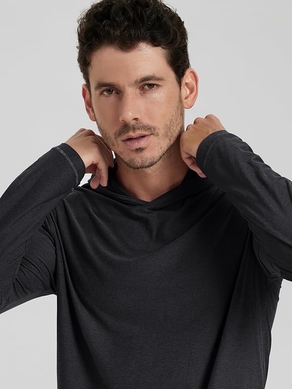 ODODOS Men's Long Sleeve Hoodie - odSTRATUM Tech Performance Pullover - Ultra Soft Moisture Wicking UPF 50+ Top, Black Heather, Large image 3