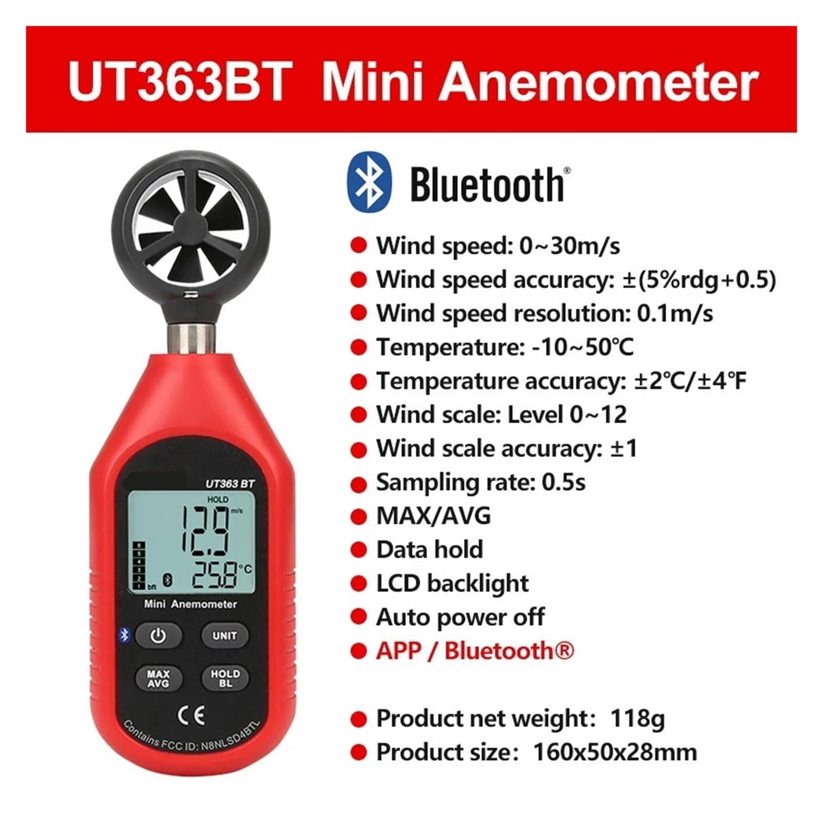 UT363 Anemometro Portatile Digitale UT363BT Misuratore di velocità del Vento Tester di Temperatura Display LCD Misuratore di velocità del Flusso d'Aria(UT363 BT)