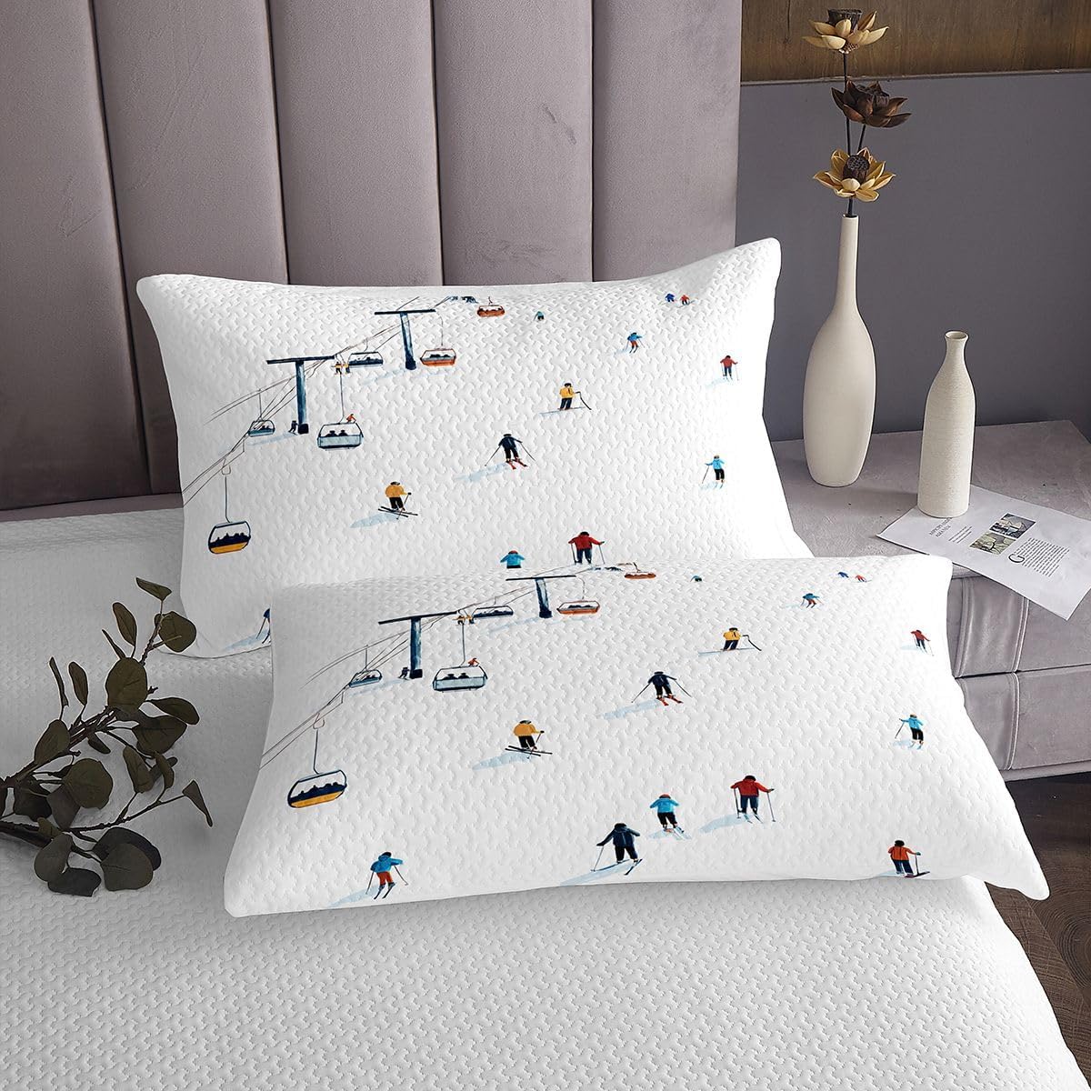 Manfei Ski Sports Bedspread,Winter Extreme Games Quilt Set for Kids Teens,Skiing Sports Style Bedding Set,White Blue 2 Pcs Coverlet Set with 1 Pillow Sham,Twin Size