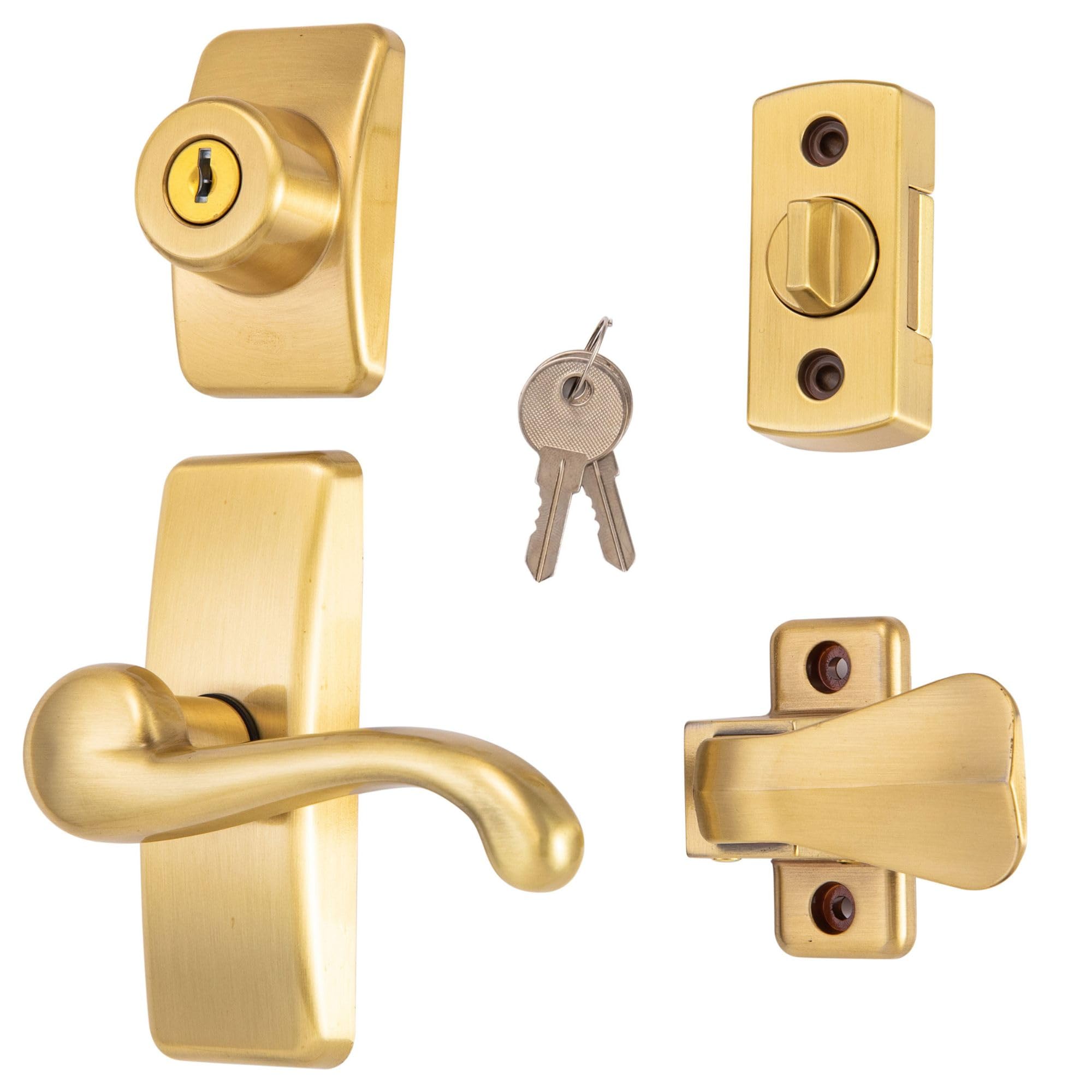 ideal security gl door lever set with keyed deadbolt lock for storm and screen doors, satin gold (4-piece set)