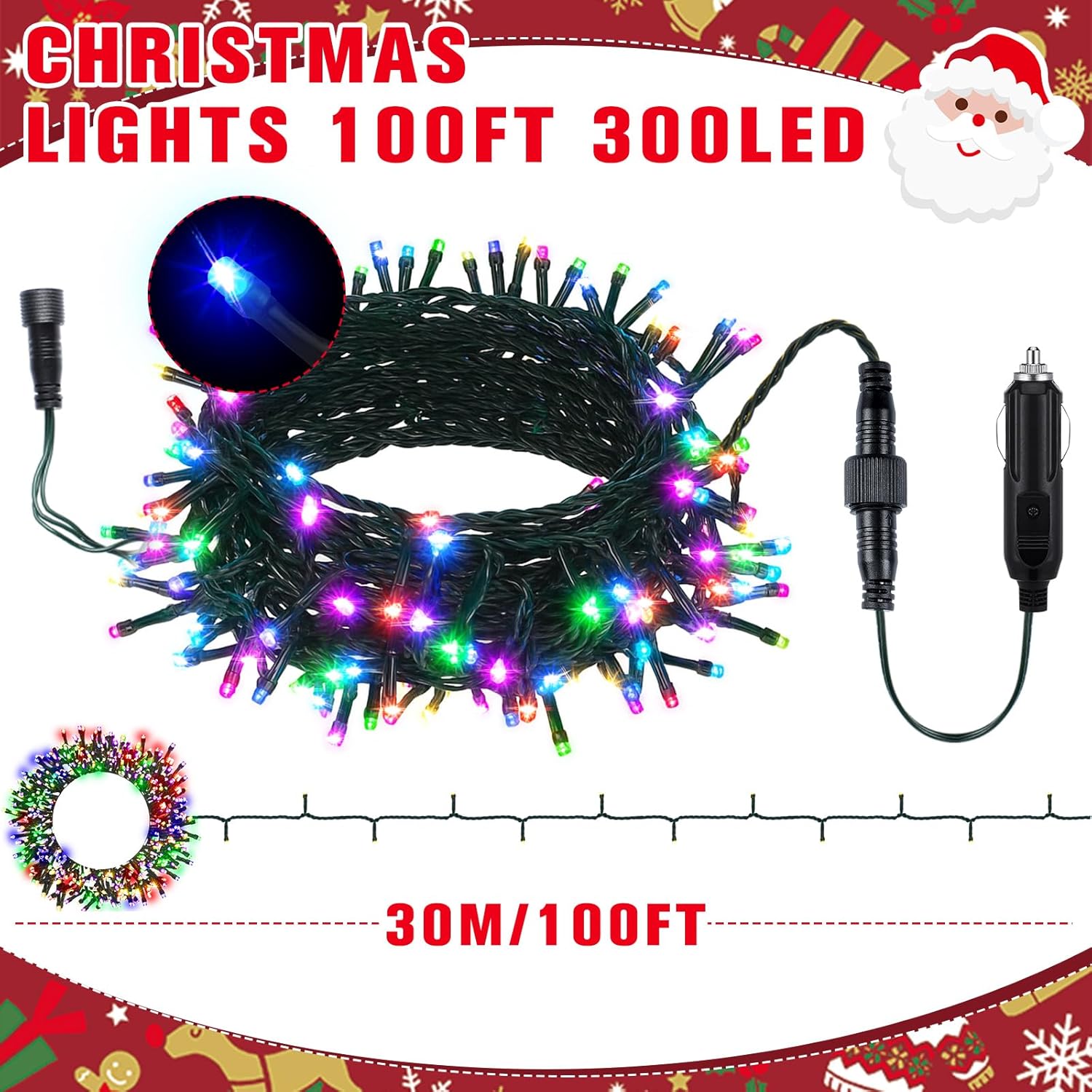12V Christmas 100 ft 300 LED Car LED String Light Golf Cart Decorations Multicolor Light String Waterproof Atmosphere Lighting Kits for Christmas Car Accessories