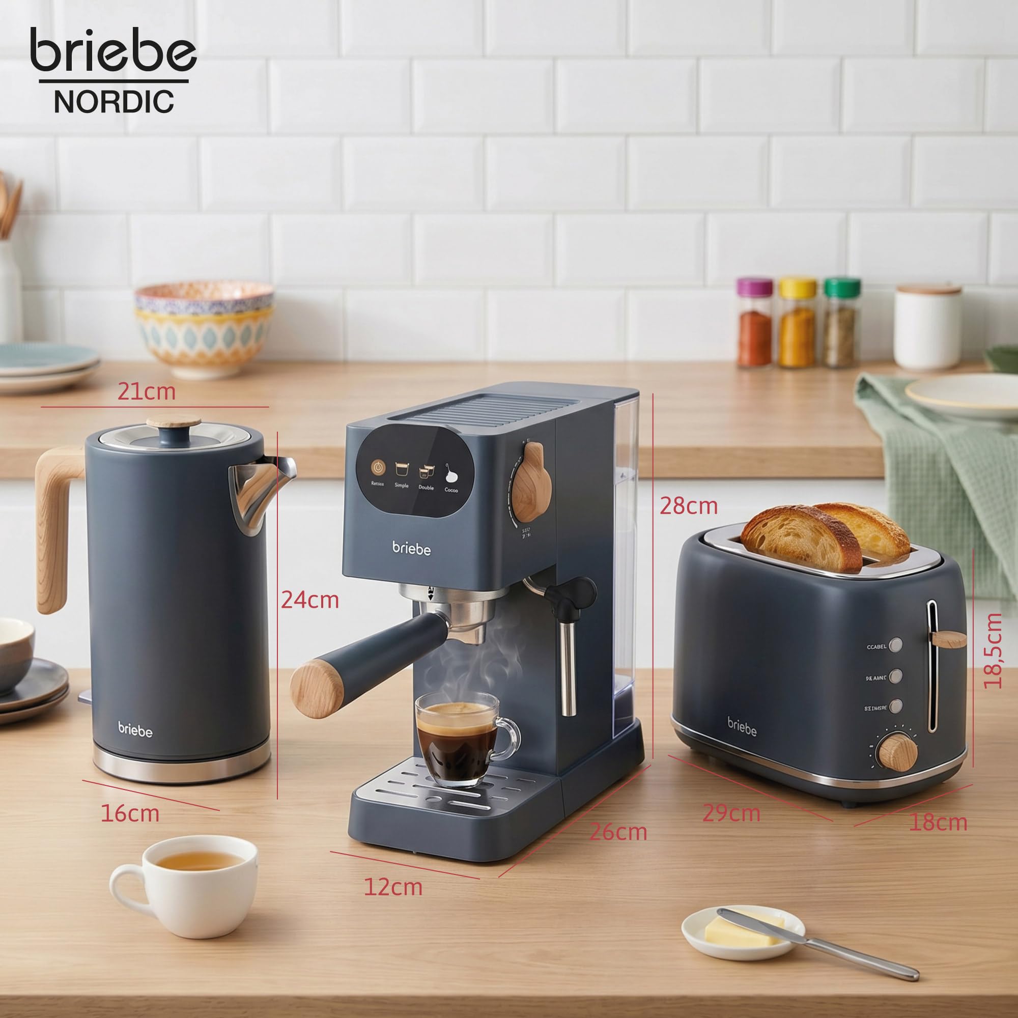 briebe Nordic Ensemble Machine à Café Expresso 20 Bars Capsules et Café Moulu + Bouilloire Électrique 1,7L sans Fil, 2200W + Grille Pain 2 Fentes Larges, Set Petit-Déjeuner Design Nordique Gris