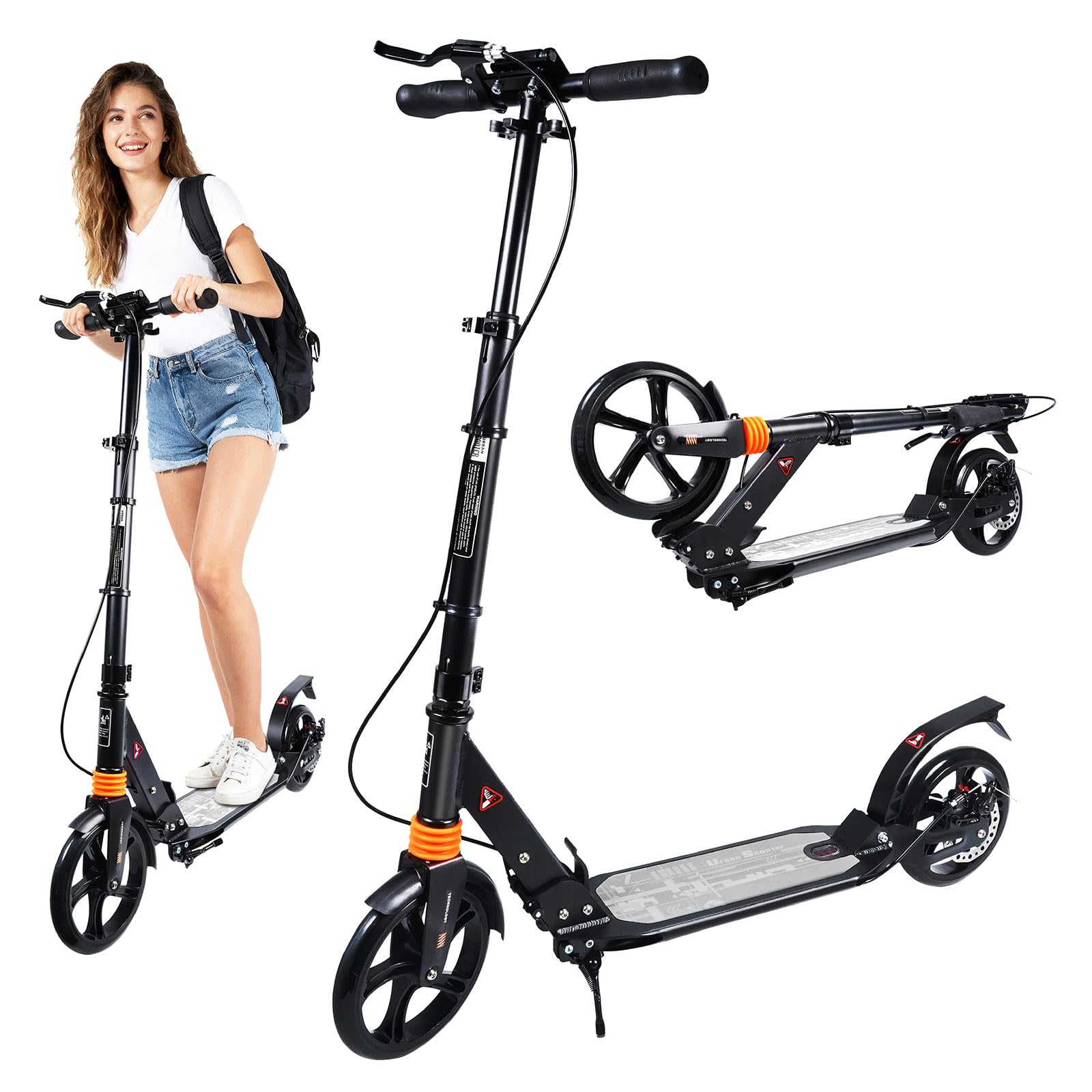JX FITNESS Scooter for Adults 3-Level Height Adjustable Foldable Kick Scooter with Double Brakes and Support Foot
