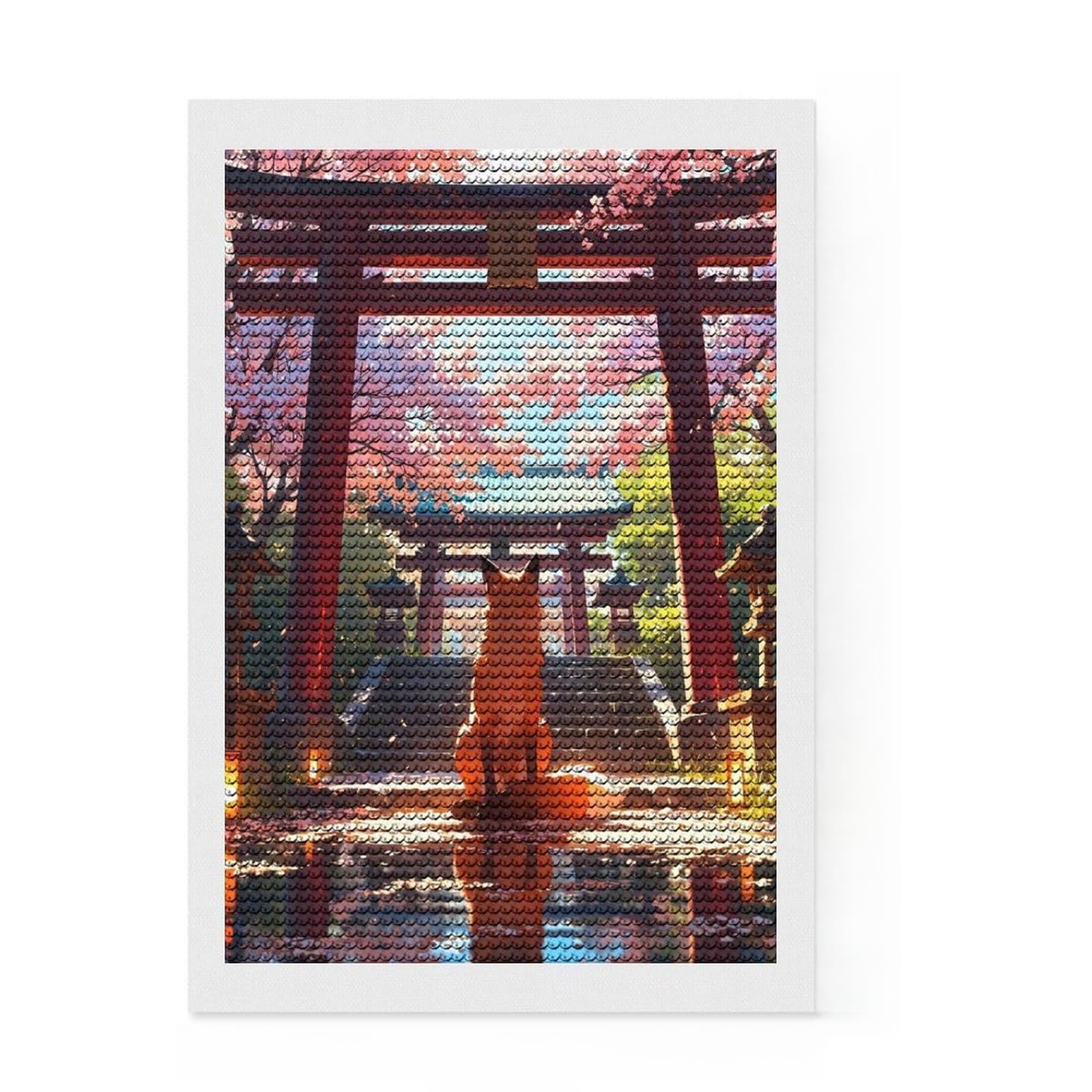 Junmoney Mystic Kitsune Gateway 5D Diamond Painting Kit 8"x12", Round Gems, Living Room Decor, Decorative Artwork, Vintage Style Decor