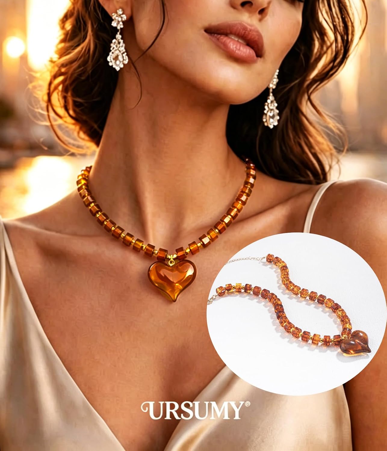 Ursumy Chunky Beaded Choker Necklace for Women Resin Pluff Heart Pendant Necklace Trendy Big Statement Jewelry