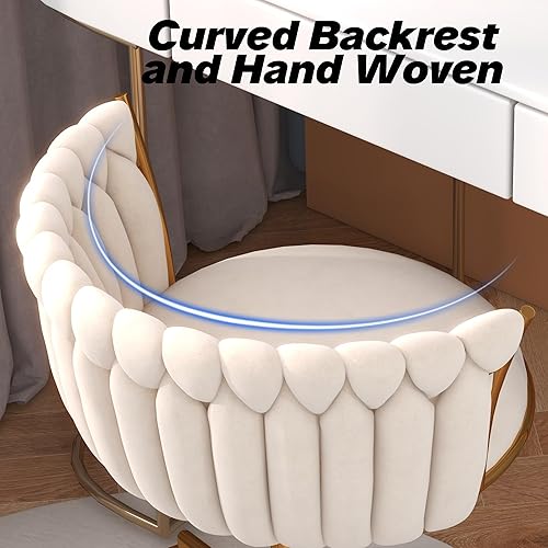 Miniatura 5 de Silla de oficina en casa tejida de terciopelo, moderna silla de escritorio giratoria con ruedas, silla de tocador ajustable en altura con base de