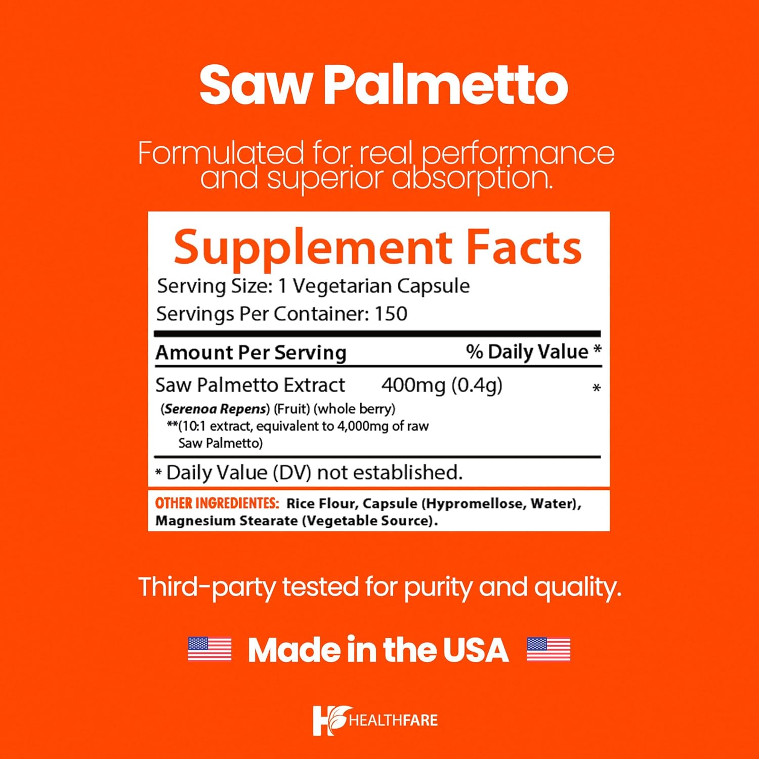 Healthfare Saw Palmetto Extract Capsules 4000mg Equivalent | 150 Capsules | Hair Growth for Men & Women | Non-GMO & Gluten-Free | Made in The USA (Pack of 2)
