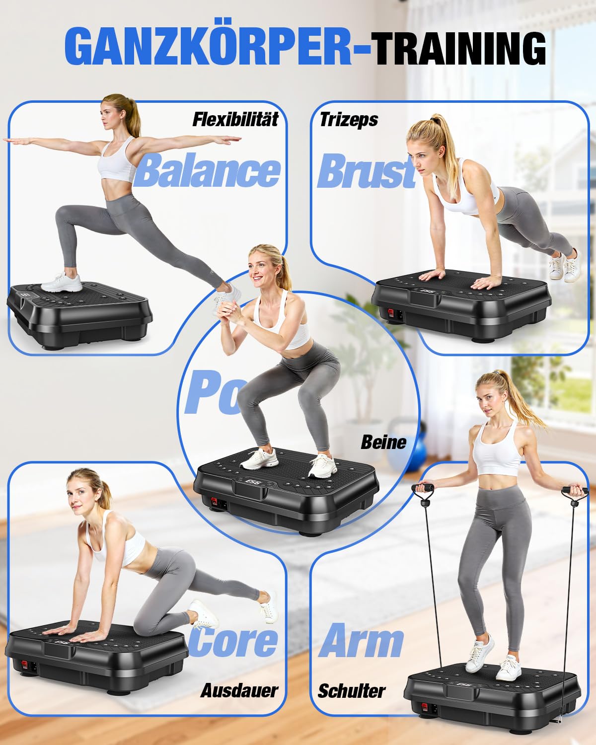 HomeFitnessCode Mini Vibrationsplatte für Frauen - Vibrationsgerät mit 250 Intensitätsstufen + 9 Vorprogramm Vibrationstrainer Zuhause für Abnahme Muskelaufbau Ganzkörpertraining