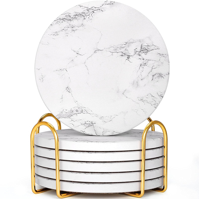 GOH DODD 大理石风格陶瓷杯垫套装，吸水防护桌面装饰，带金属托架，圆形白色设计