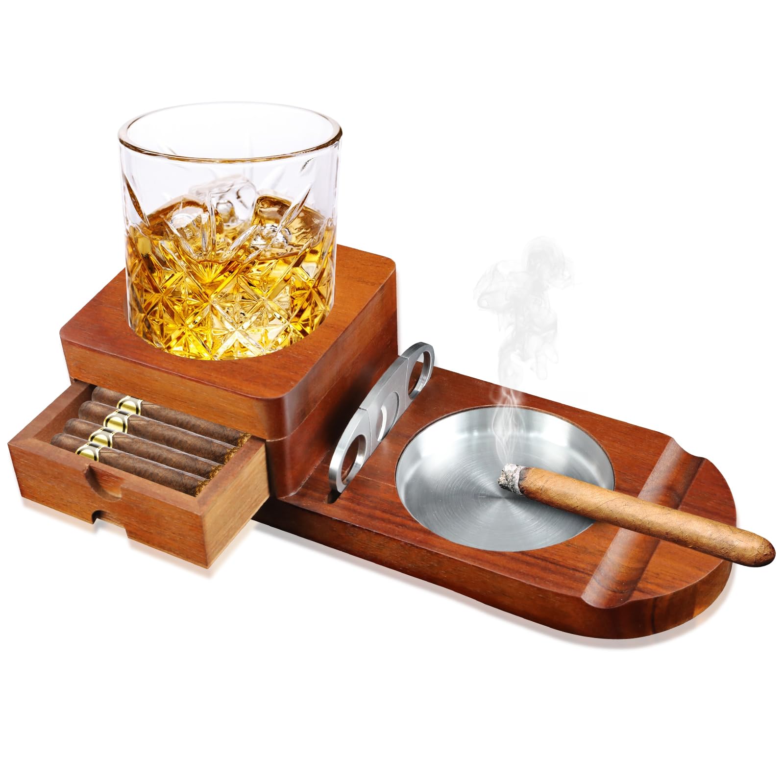 Posacenere in legno per sigari, Posacenere per sigari con vassoio per whisky e porta sigari, accessori per fumatori da uomo, regali per gli uomini per Ufficio e Tempo Libero o bar, compleanno