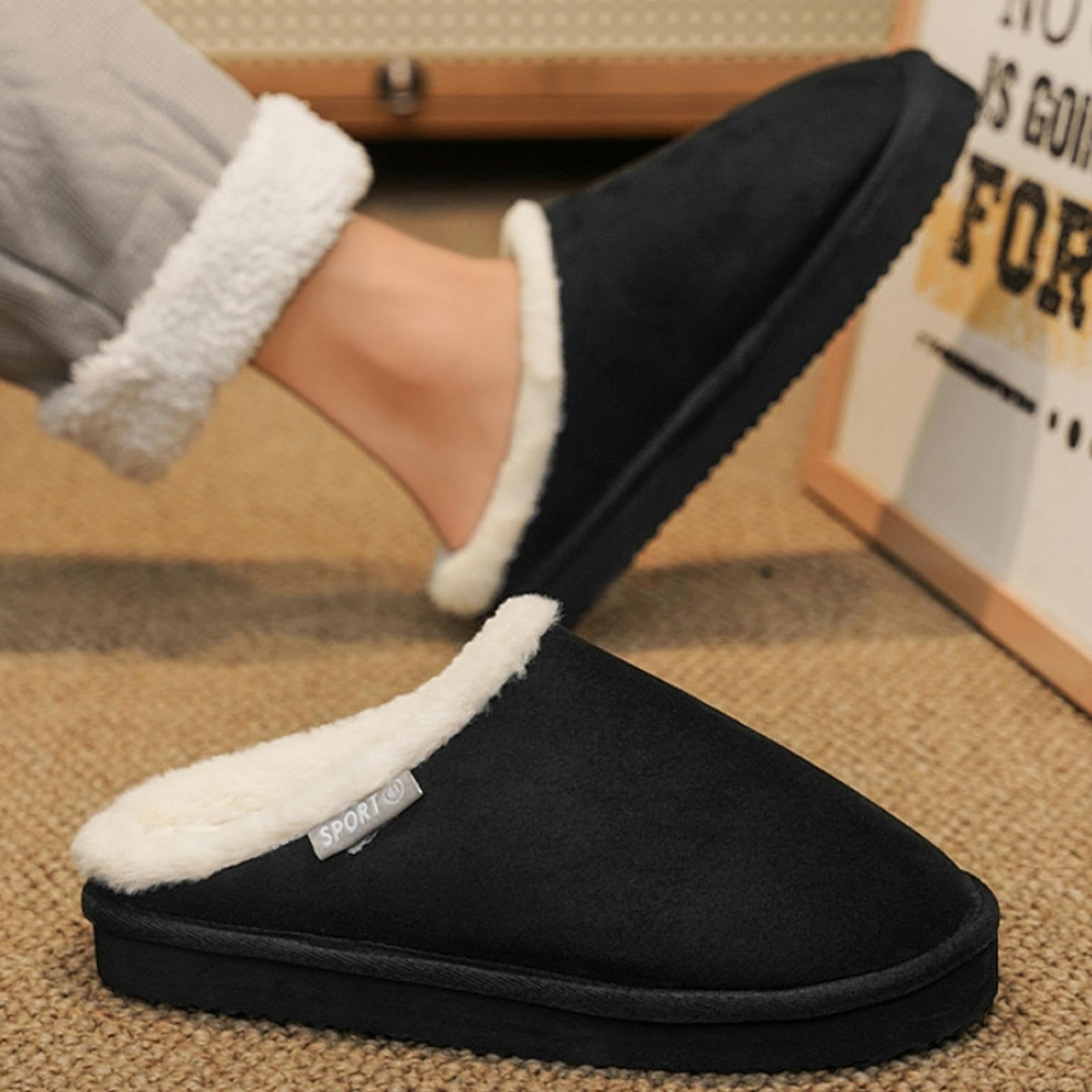 Pantofole Invernali Uomo Pantofole di Cotone per Gli Uomini, Casa Calda Coperta Peluche Spessa Suola di Coppia Casa Peluche Autunno E Inverno -Black-quarantacinque