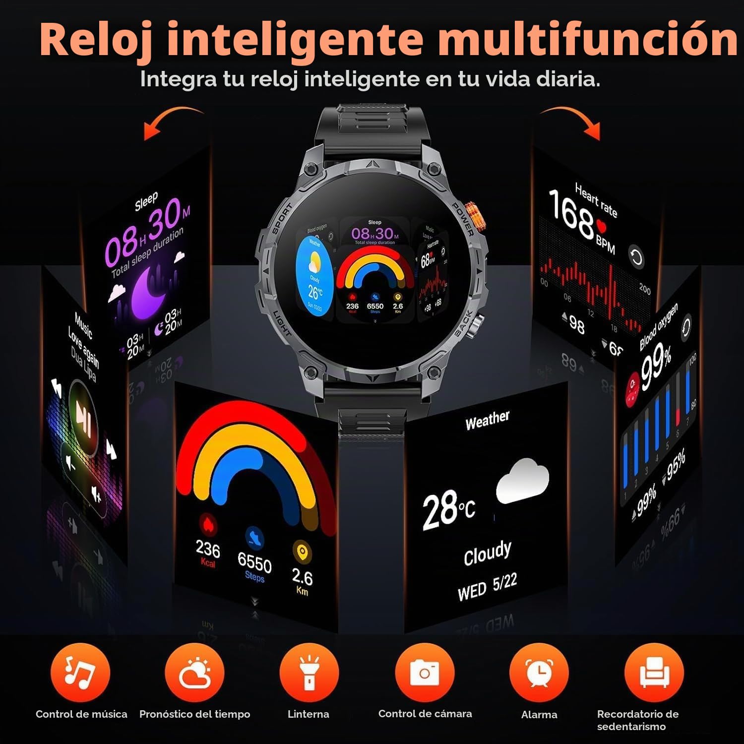 Reloj Inteligente Hombre con LED Linterna,1000mAh/IP68 Impermeable/1,75" HD Militar Smartwatch con Llamadas,110+ Modos Deportivos/24/7 Pulsómetro/Sueño/Podómetro Pulsera Actividad Android iOS