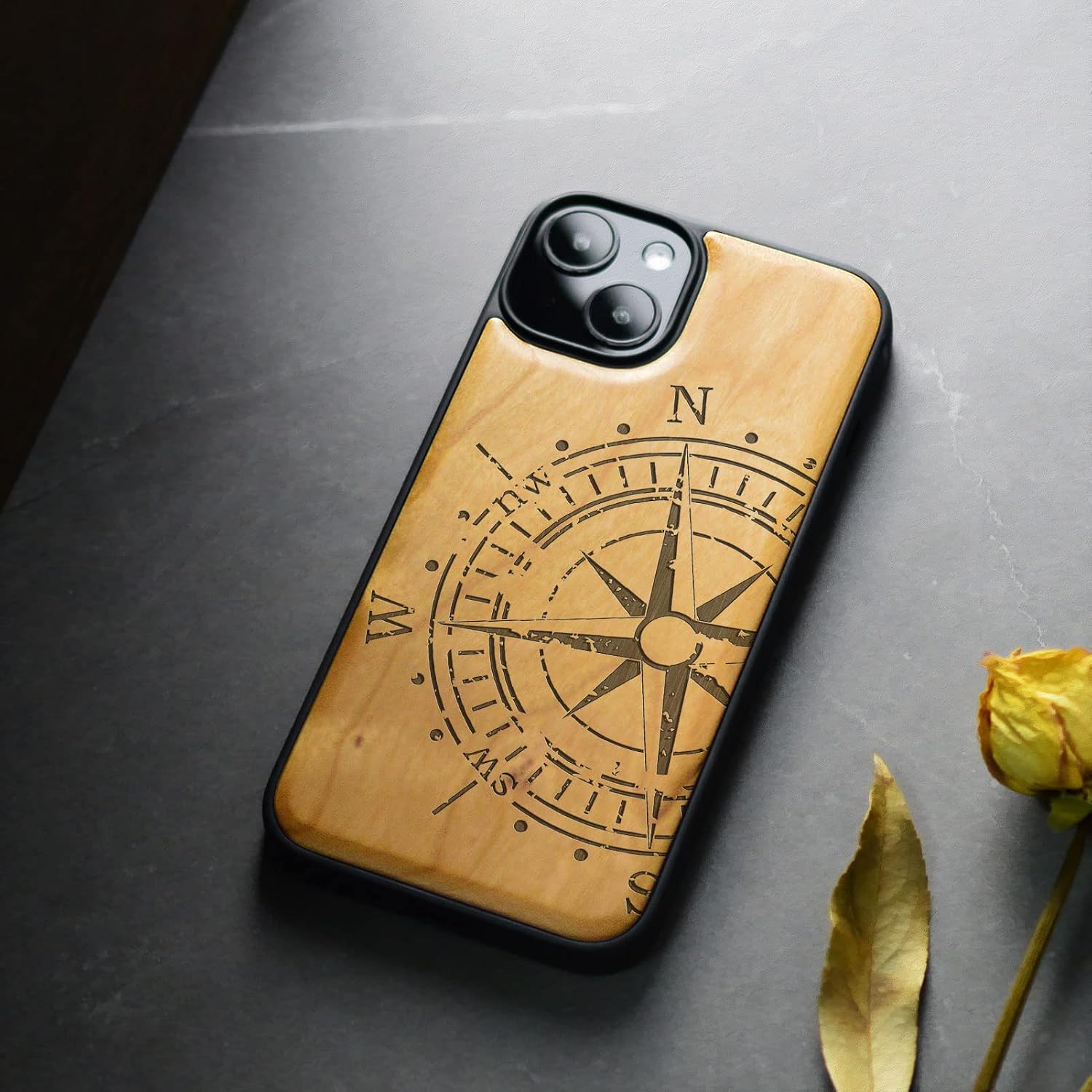 Carveit Magnetic Wooden Case for iPhone 15 Case, Compatible with MagSafe Wireless Chargers, Black Soft TPU Shockproof Cover & Wood Artisan Engraved (Incomplete Compass) - Cherry