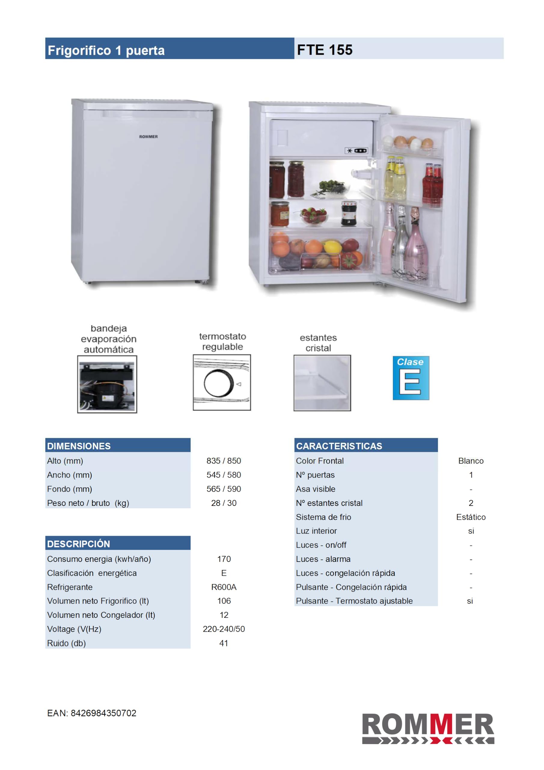 ROMMER Frigorifico FTE 155, capacidad 118 litros, blsnco