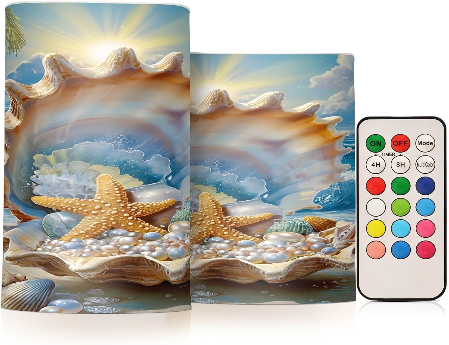 ALAZA Sea Shell Beach Starfish Palm Leaf Flickering Flameless Candles Pillar Led Candles Battery Operated Candles with Remote and Timers Set of 2