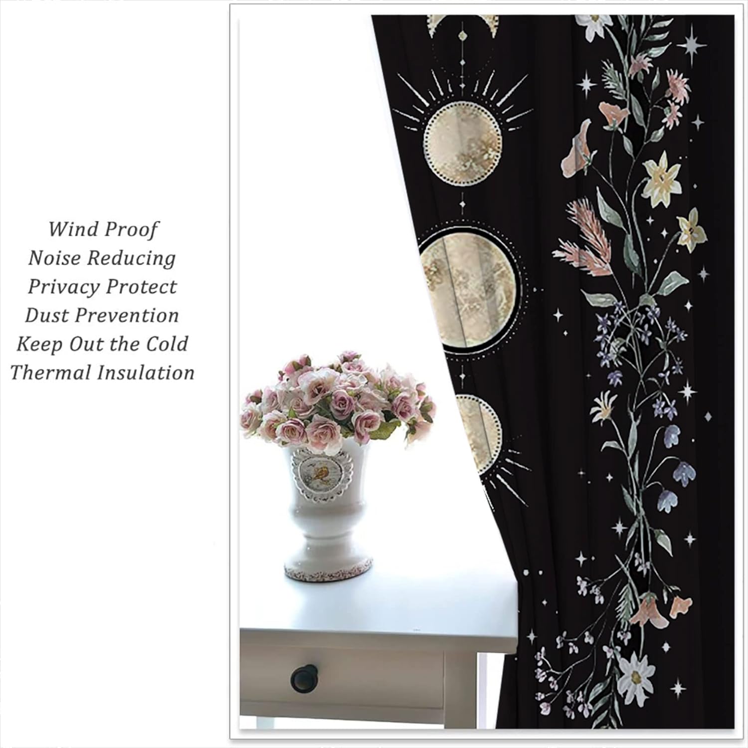 Boho Yellow Floral Wildflower Rod Pocket Blackout Curtains for Teen Bedroom,Moon Phase Moonlit Garden Witchy Gothic Aesthetic Light Filtering Window Drapes for Living Room Home Decor Privacy,42x63in