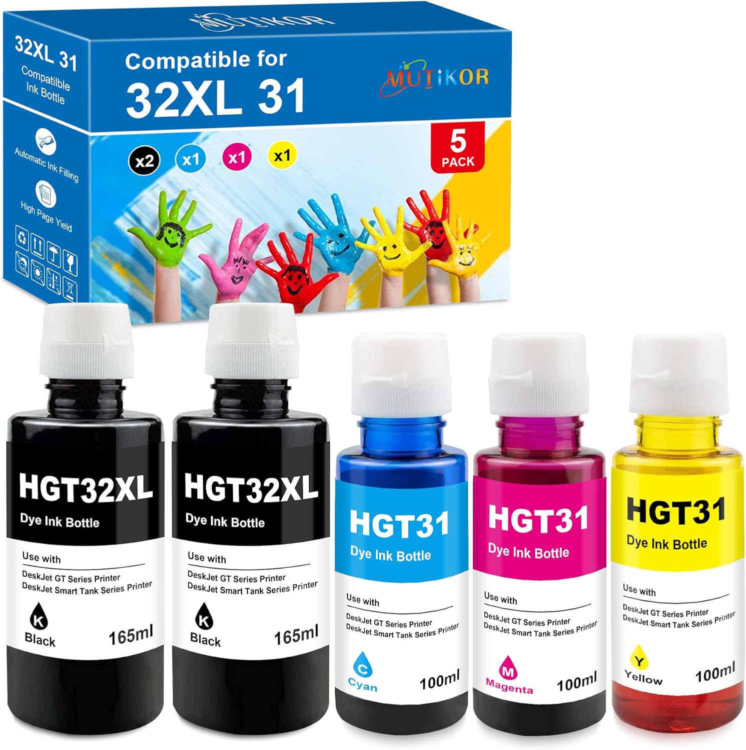 31XL 32XL Ink Bottle Replacement for HP Ink 31 and 32XL for Smart Tank 7301 7001 7602 5000 6001 5101 5102 450 455 457 517 532 502 514, Smart Tank Plus 551 555 557 651 655 Printers (2 Black, 3 Color)