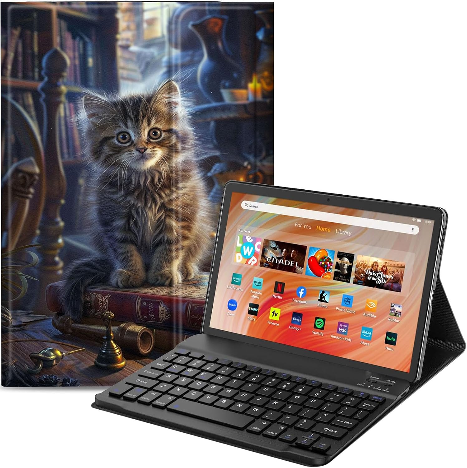 Keyboard Case for Amazon Fire HD 10 Tablet (13th/11th Generation,2023/2021 Release) 10.1", PU Leather Stand Cover with Detachable Bluetooth Keyboard, Cute Kitten Sits