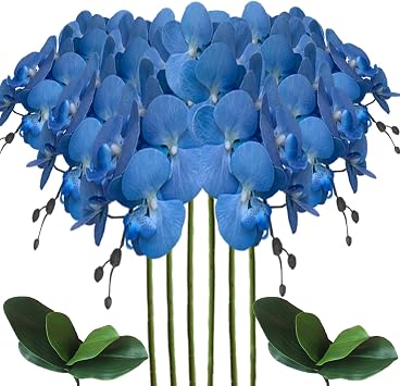Artificial Phalaenopsis 6 Pcs Artificial Flowers Fake Orchid Flowers Stem Plants with 2 Pcs Leaves for Decor Blue