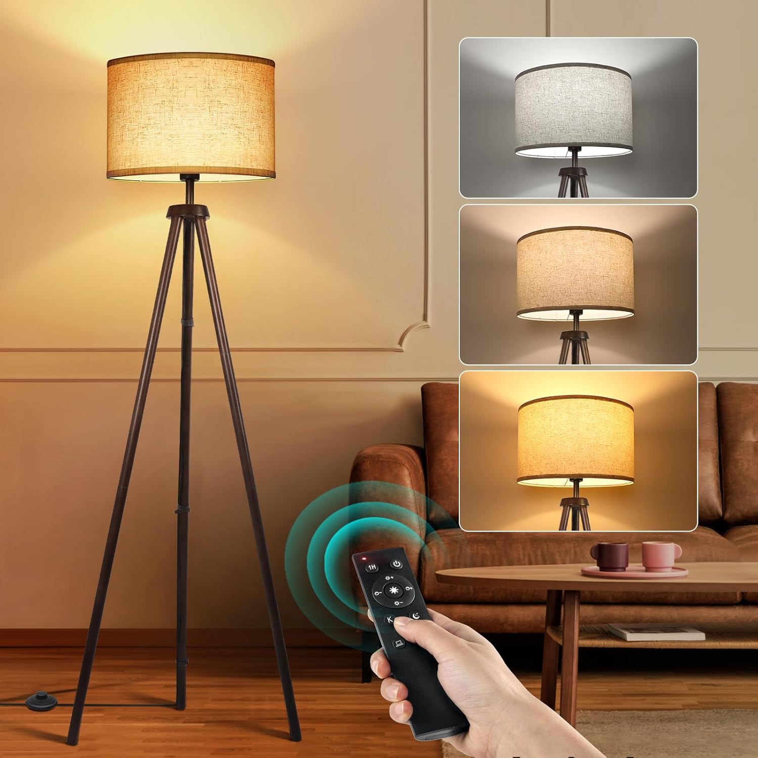 OUTON Wood Tripod Floor Lamp, Mid Century LED Dimmable Floor Lamp with Remote Control, 4 Color Temperature, Sturdy Tall Standing Lamp with Beige Linen Texture Shade for Living Room, Bedroom, Office