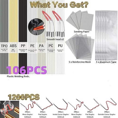 Miniatura 9 de Kit de soldadura de plástico de 720 piezas, 106 varillas de soldadura de plástico, 600 grapas de soldador de plástico, 5 piezas de malla de acero